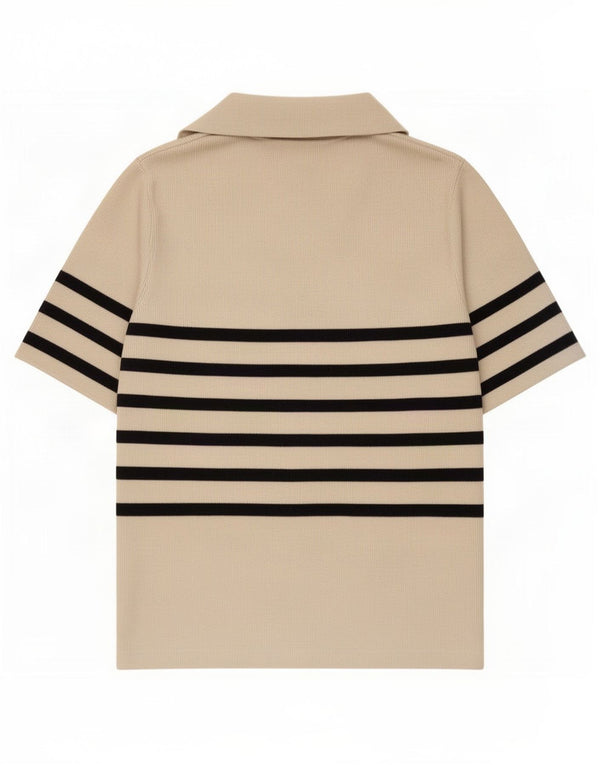 Marks & Spencer Womens Polo Shirt UK 12 Medium Beige Striped Cotton