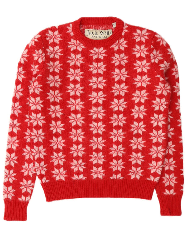 Jack Wills Womens Crop Crew Neck Jumper Sweater UK 8 Small Red Fair Isle