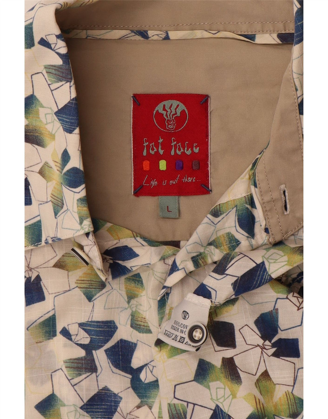 FAT FACE Mens Short Sleeve Shirt Large Off White Geometric Cotton