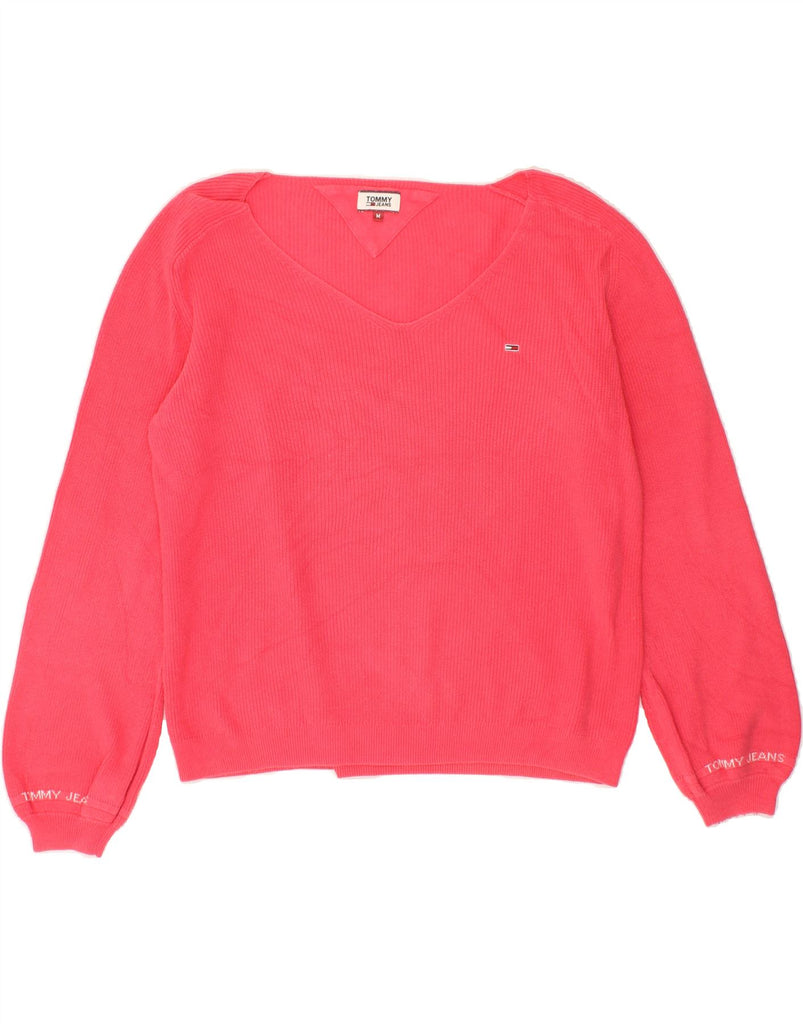 TOMMY HILFIGER Womens Oversized V-Neck Jumper Sweater UK 14 Medium Pink | Vintage Tommy Hilfiger | Thrift | Second-Hand Tommy Hilfiger | Used Clothing | Messina Hembry 