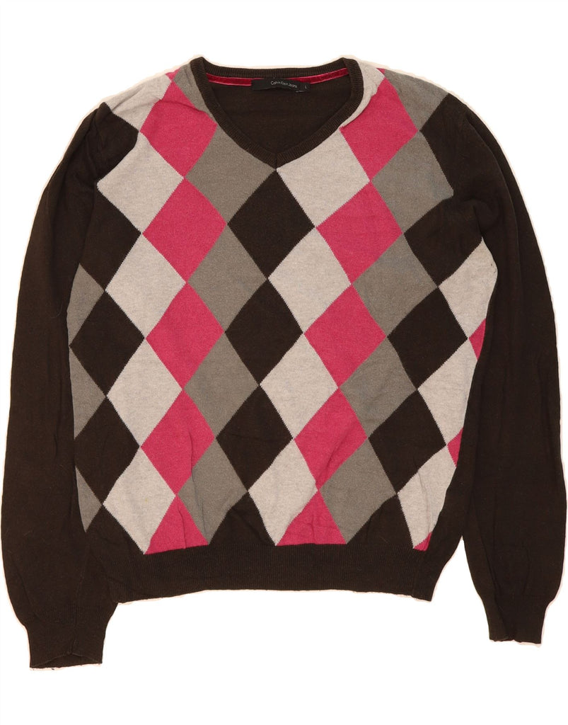 CALVIN KLEIN JEANS Mens V-Neck Jumper Sweater Large Brown Argyle/Diamond Vintage Calvin Klein Jeans and Second-Hand Calvin Klein Jeans from Messina Hembry 