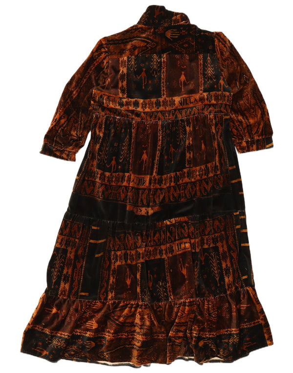 Vintage Womens 3/4 Sleeve Tiered Dress UK 12 Medium Brown Aztec