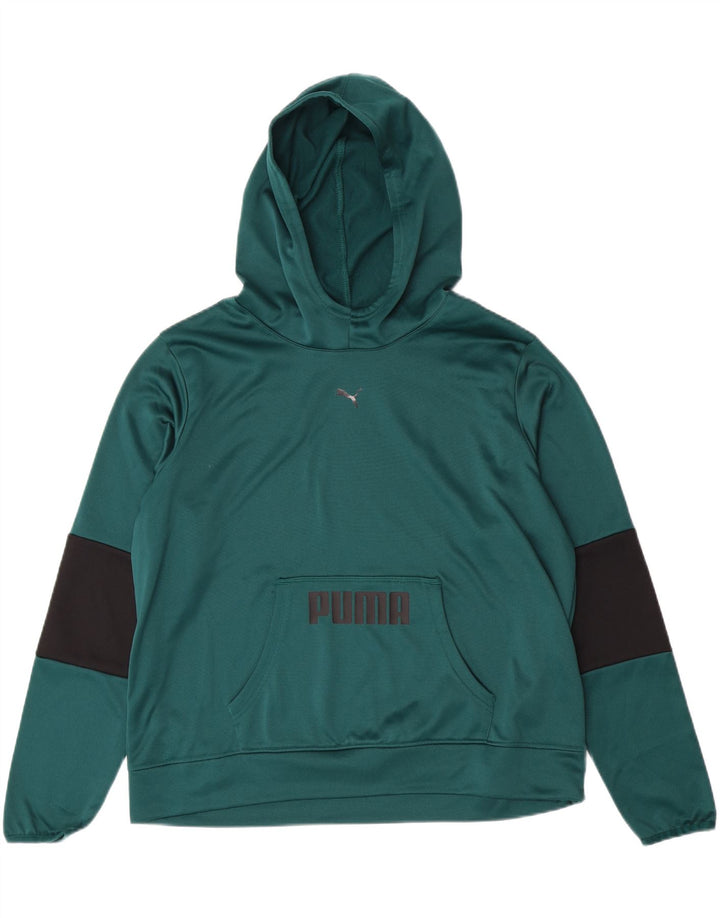 PUMA Womens Graphic Hoodie Jumper UK 14 Medium Green Colourblock Polyester Vintage Puma and Second-Hand Puma from Messina Hembry 