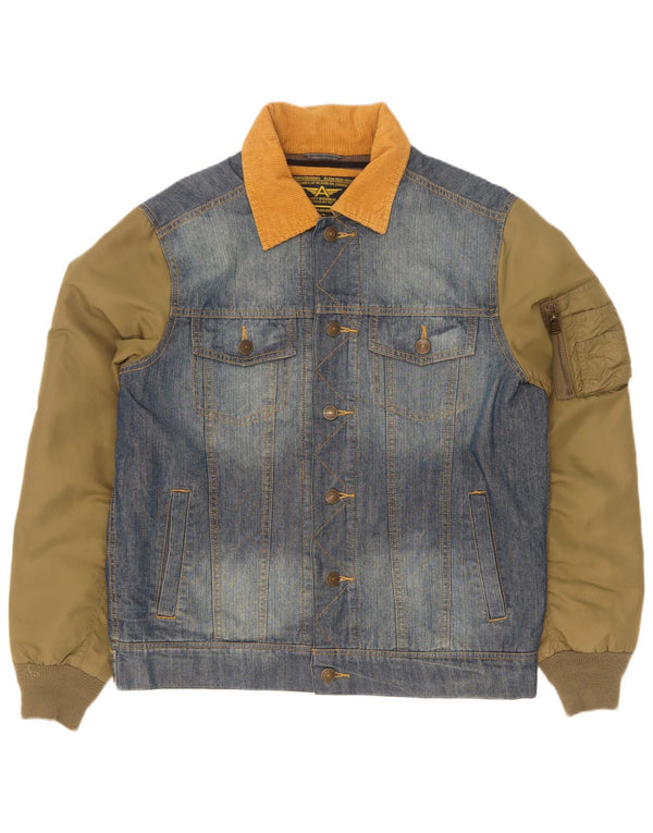 Alcott Mens Denim Flight Aviator Jacket UK 40 Large Blue Colourblock Cotton