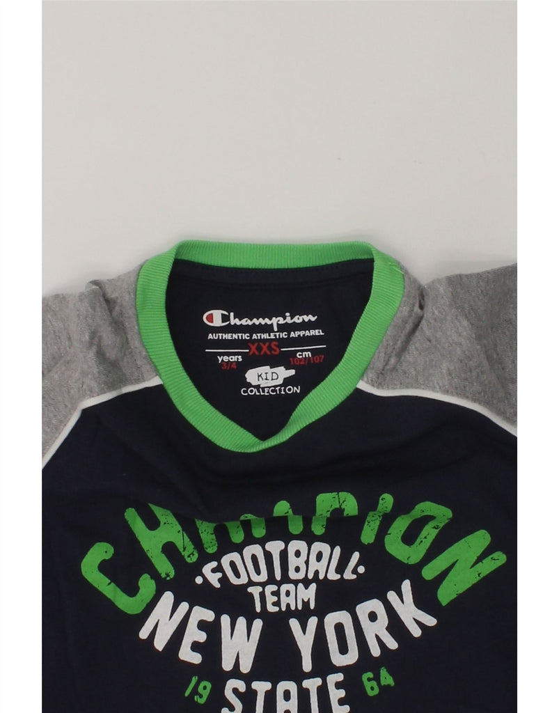 CHAMPION Boys Graphic T-Shirt Top 3-4 Years XS Navy Blue Colourblock | Vintage Champion | Thrift | Second-Hand Champion | Used Clothing | Messina Hembry 