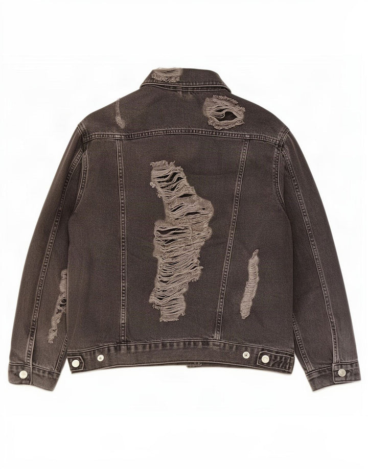 Topshop Womens Distressed Oversized Denim Jacket UK 10 Small Black Cotton