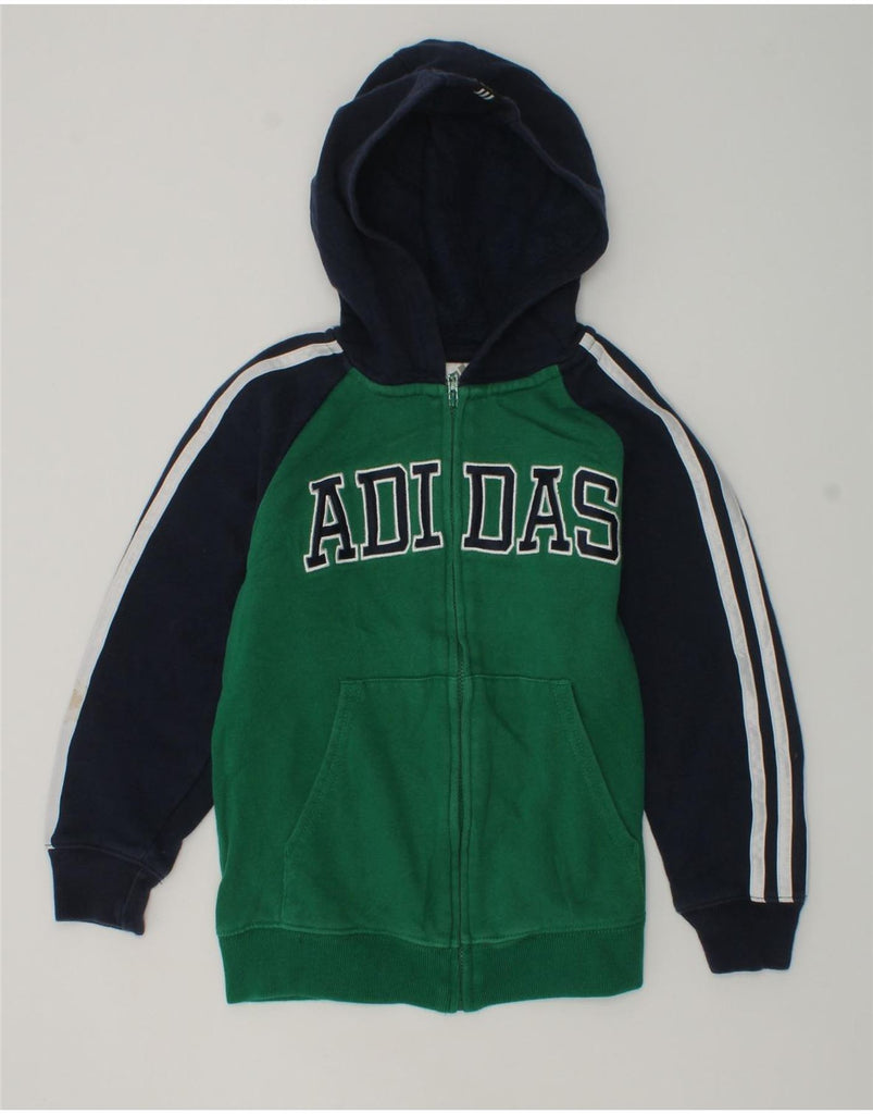 ADIDAS Boys Graphic Zip Hoodie Sweater 5-6 Years Green Colourblock Cotton | Vintage Adidas | Thrift | Second-Hand Adidas | Used Clothing | Messina Hembry 