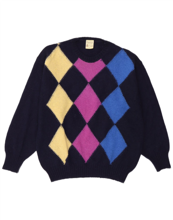 Shannon Mens Crew Neck Jumper Sweater Large Navy Blue Argyle/Diamond