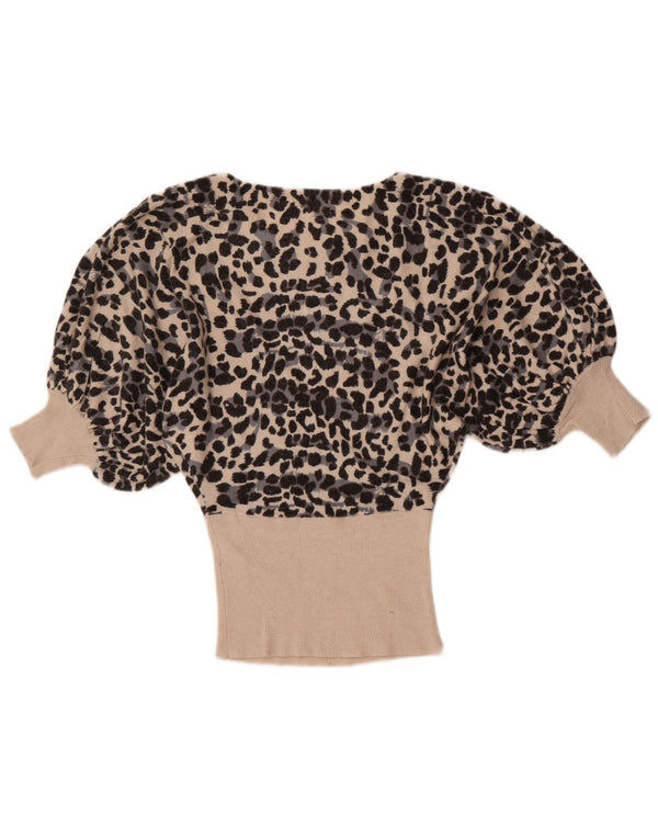 Vintage Womens 3/4 Sleeve Blouse Top UK 10 Small Beige Animal Print Viscose
