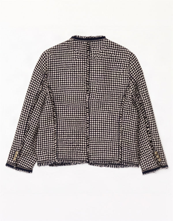 Zara Womens 3/4 Sleeve Open Blazer Jacket UK 18 XL Navy Blue Houndstooth