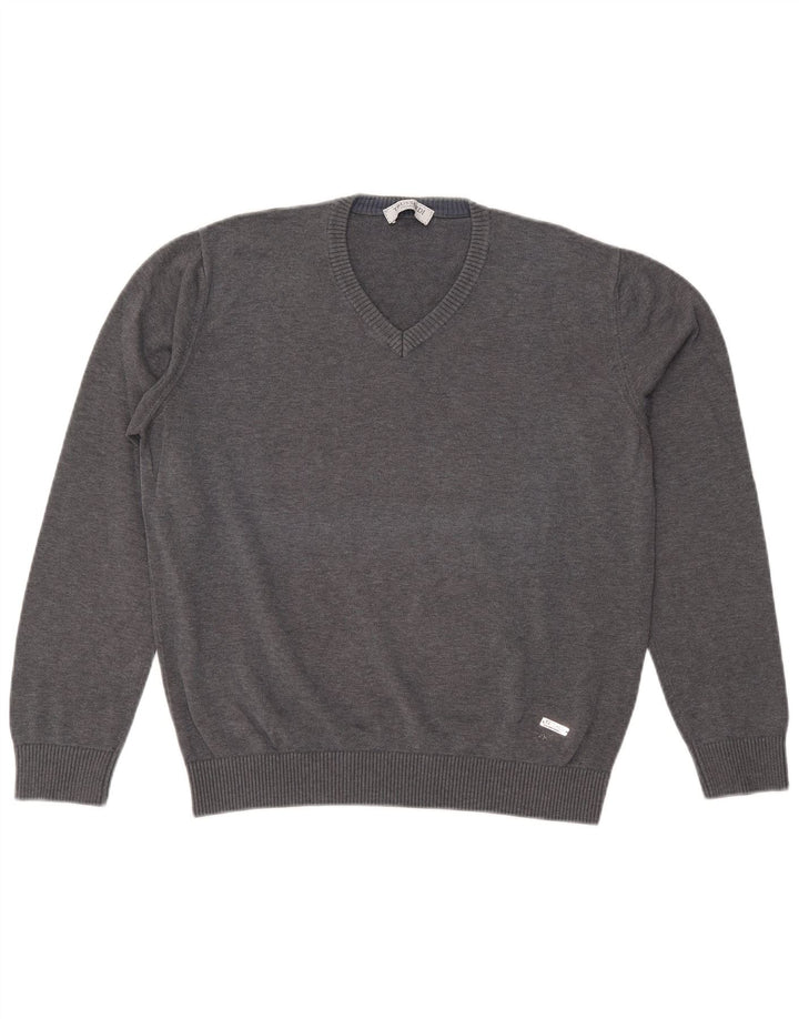 Trussardi Mens V-Neck Jumper Sweater Large Grey Cotton