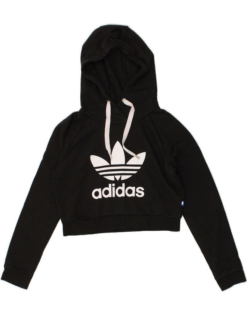 ADIDAS Womens Crop Graphic Hoodie Jumper UK 8 Small Black Cotton | Vintage Adidas | Thrift | Second-Hand Adidas | Used Clothing | Messina Hembry 