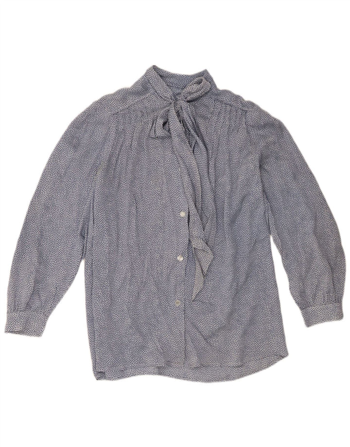 Vintage Womens Front Tie Shirt Blouse UK 16 Large Blue Spotted