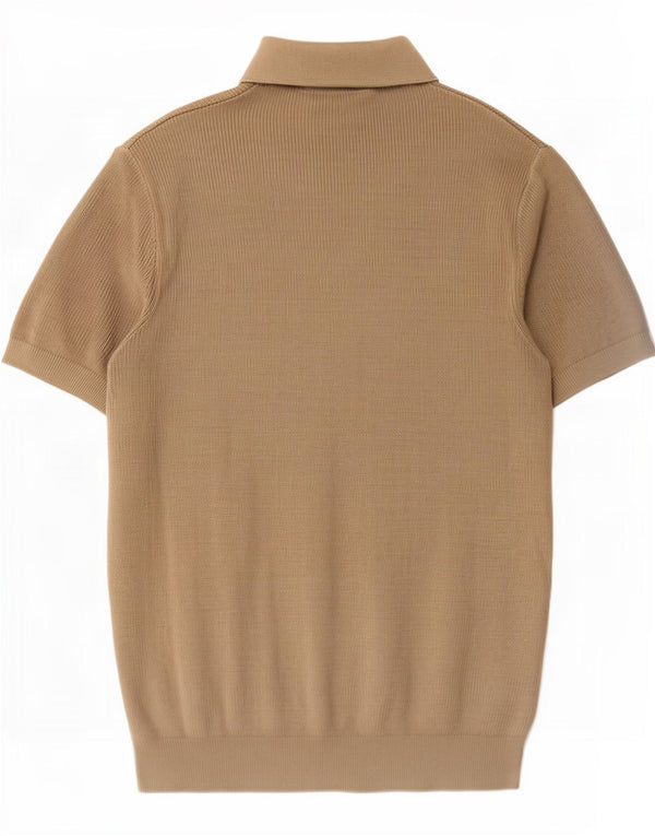Zara Mens Short Sleeve Polo Neck Jumper Sweater Medium Khaki Cotton