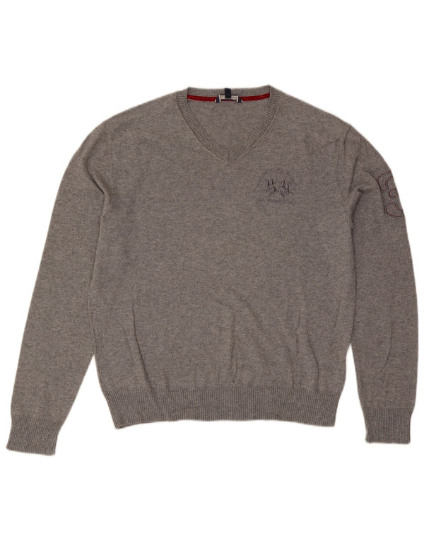 La Martina Mens Graphic V-Neck Jumper Sweater Large Grey Flecked Cotton