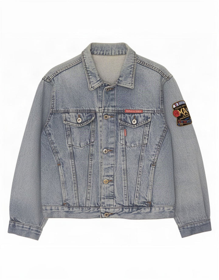 Vintage Womens Graphic Denim Jacket UK 12 Medium Blue