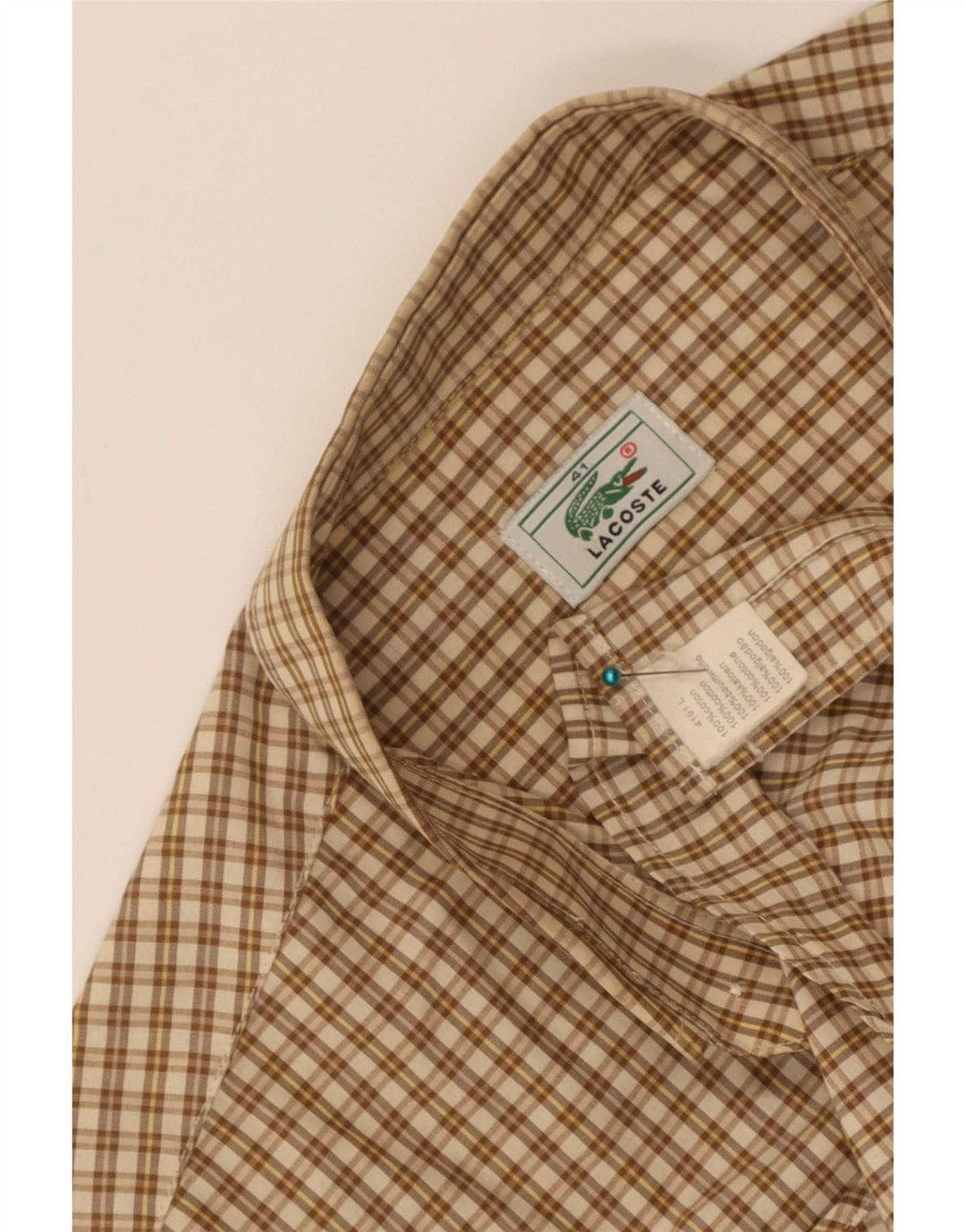 Lacoste Mens Short Sleeve Shirt Size 41 Large Beige Check Cotton