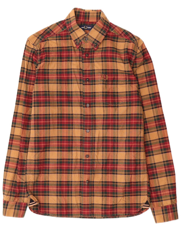 Fred Perry Mens Shirt Small Brown Check Cotton