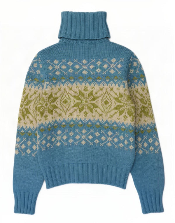 Benetton Womens Roll Neck Jumper Sweater UK 8 Small Blue Fair Isle