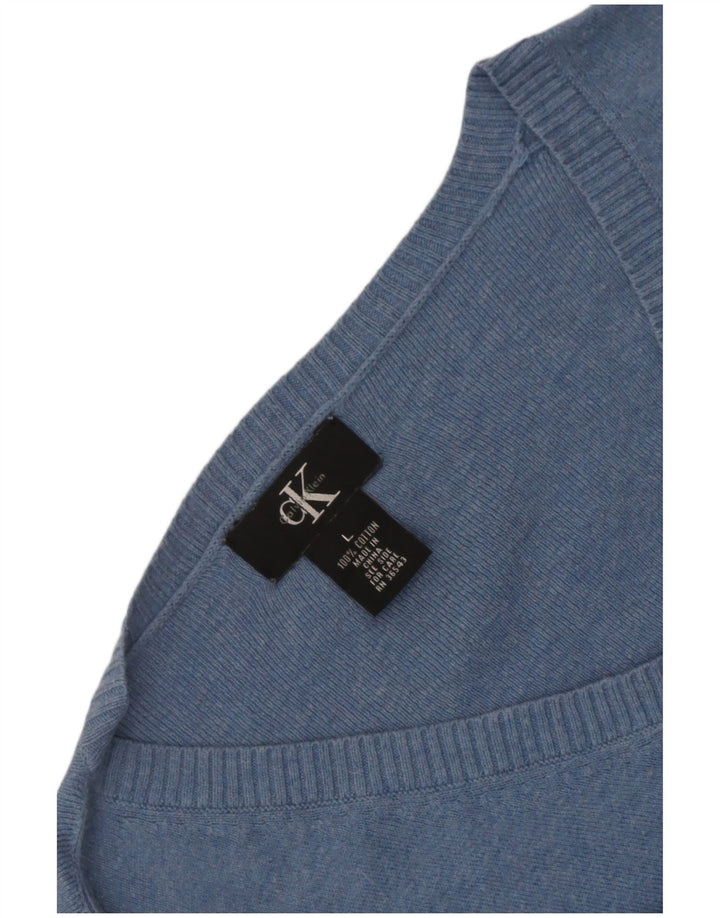 Calvin Klein Mens V-Neck Jumper Sweater Large Blue Cotton