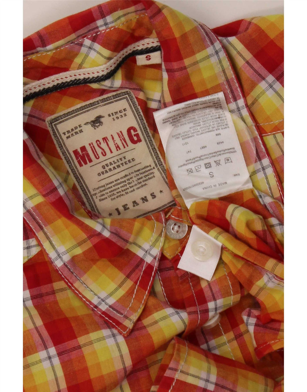 Mustang Mens Short Sleeve Shirt Small Yellow Check Cotton