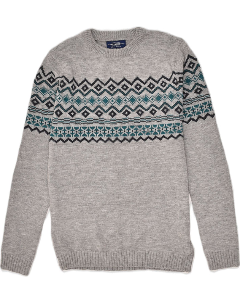 PULL & BEAR Mens Crew Neck Jumper Sweater Small Grey Fair Isle Acrylic | Vintage Pull & Bear | Thrift | Second-Hand Pull & Bear | Used Clothing | Messina Hembry 