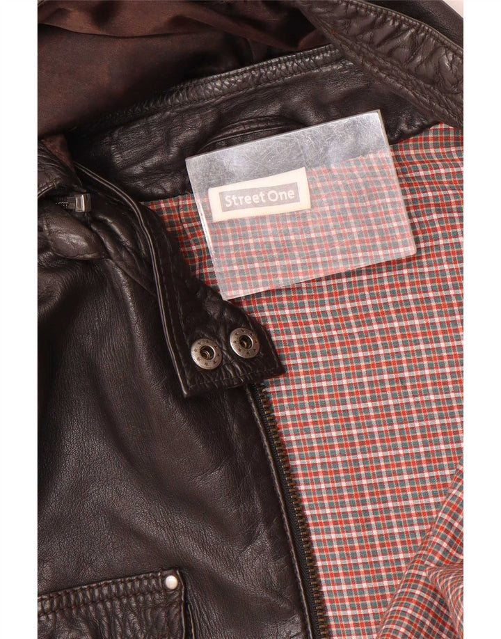Street One Womens Hooded Leather Jacket UK 14 Medium Brown Leather