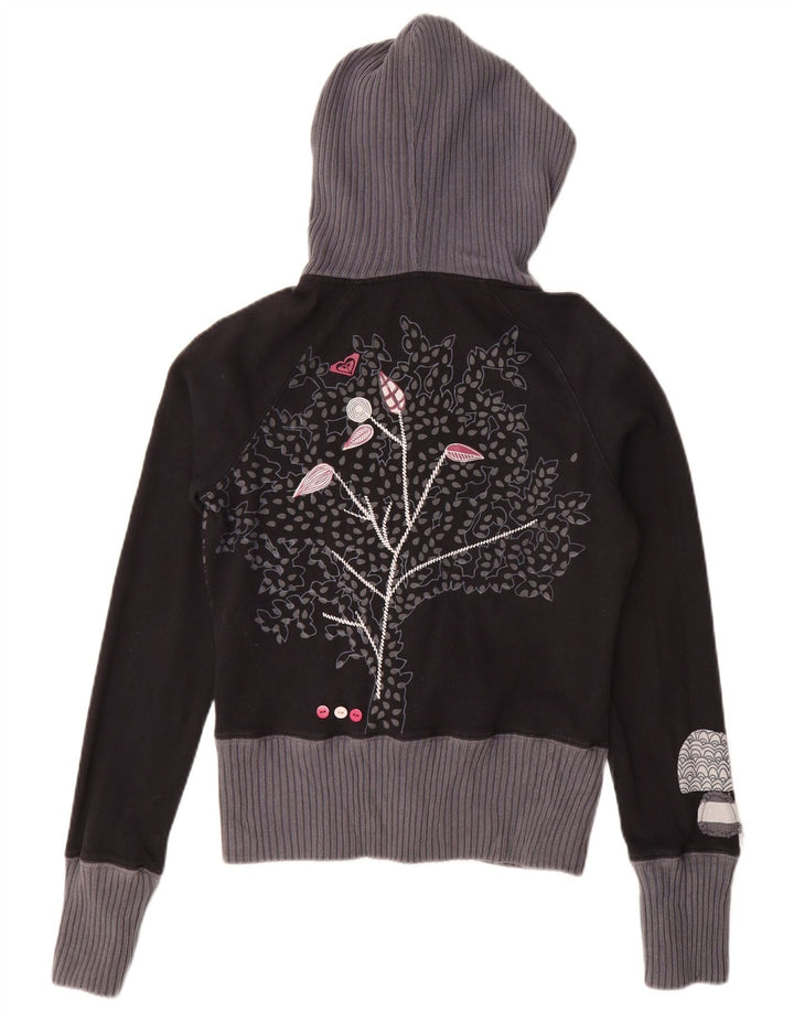 Roxy Womens Crop Graphic Zip Hoodie Sweater UK 12 Medium Black Floral