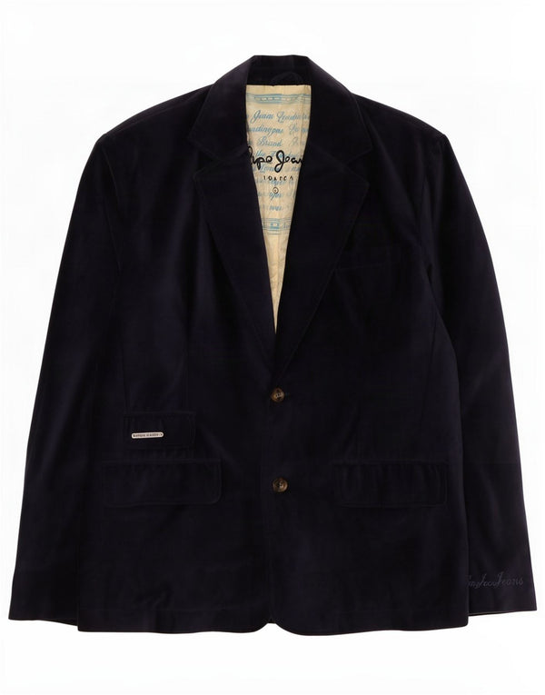 PEPE Jeans Mens 2 Button Velvet Blazer Jacket UK 40 Large Navy Blue Cotton