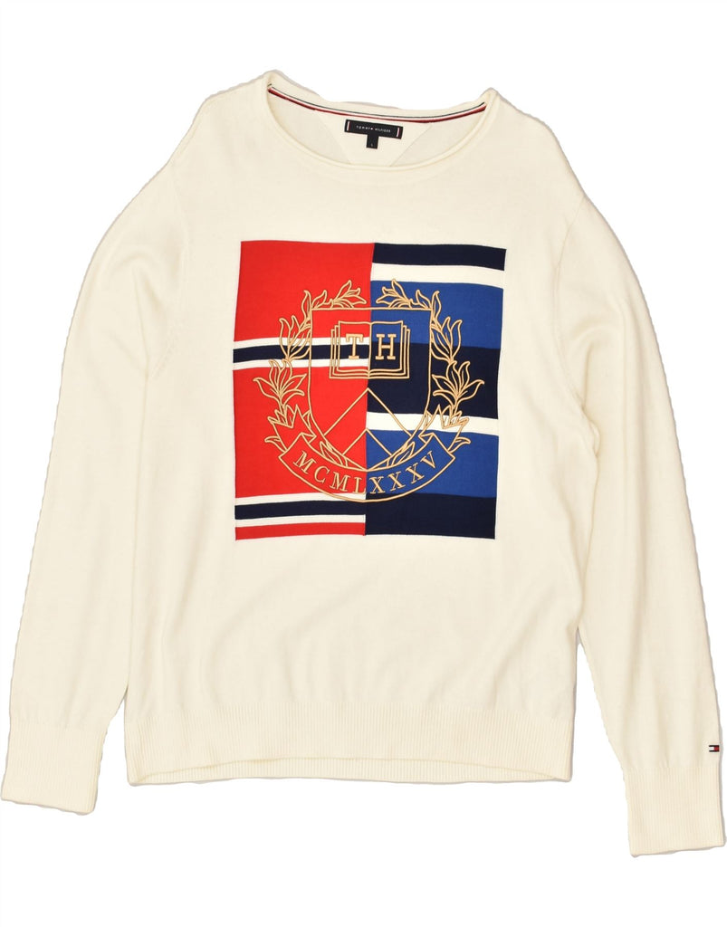 TOMMY HILFIGER Mens Graphic Boat Neck Jumper Sweater Large Off White | Vintage Tommy Hilfiger | Thrift | Second-Hand Tommy Hilfiger | Used Clothing | Messina Hembry 