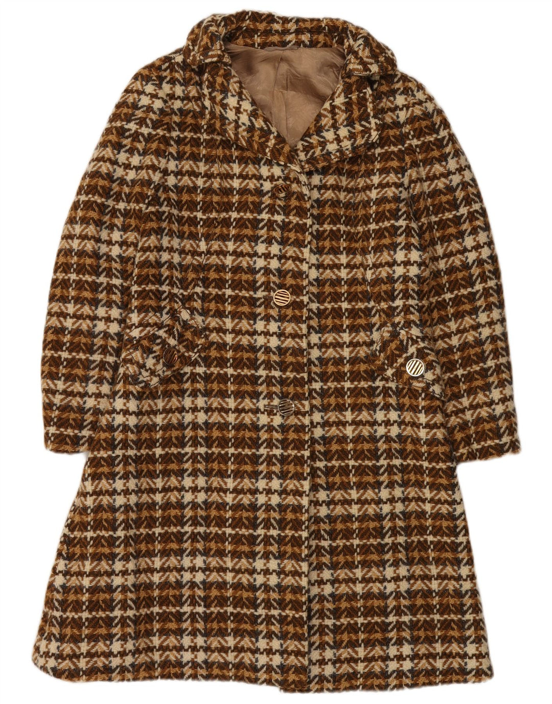 Vintage Womens Overcoat UK 8 Small Brown Herringbone Wool