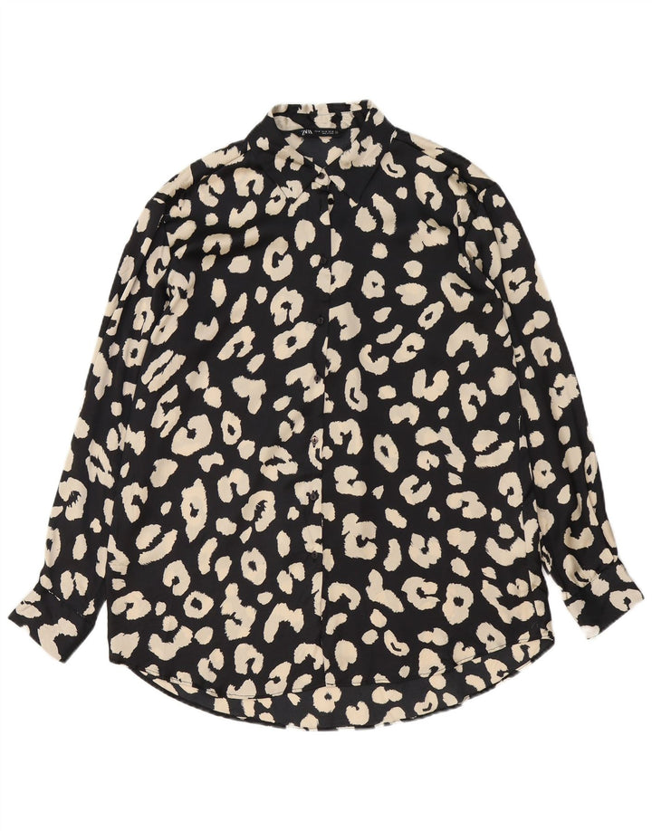Zara Womens Shirt Blouse UK 14 Medium Black Animal Print Polyester