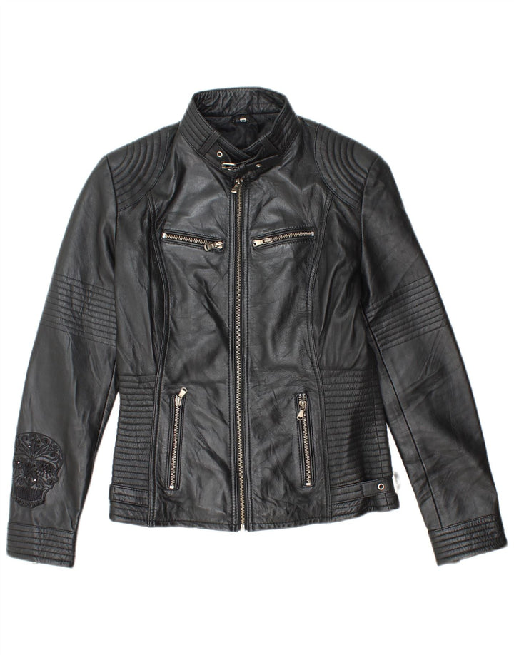 Vintage Womens Graphic Leather Biker Jacket EU 38 Medium Black Leather