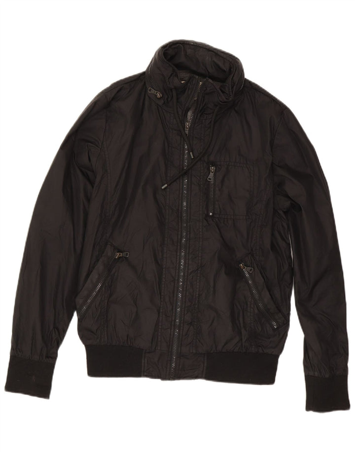 Zara Mens Hooded Bomber Jacket UK 38 Medium Black Nylon