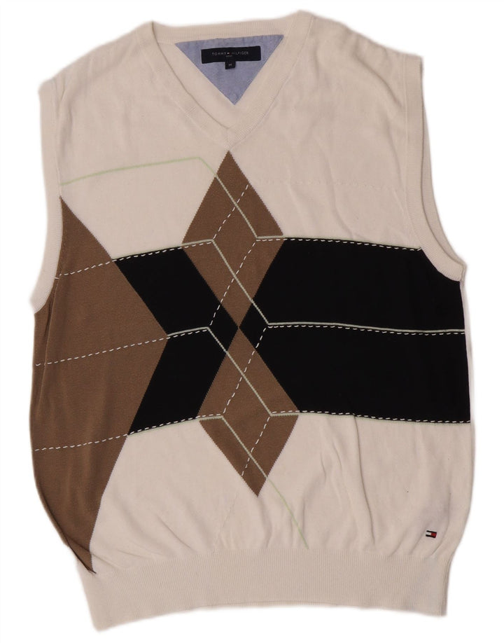 Tommy Hilfiger Mens Vest Tank Top Medium White Argyle/Diamond Cotton