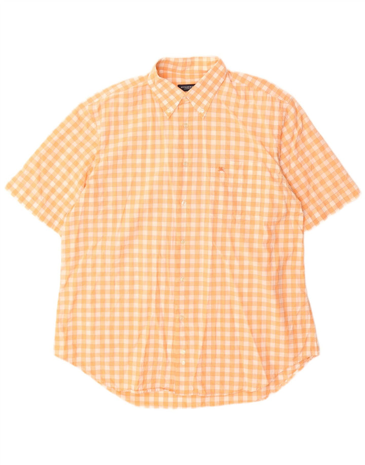 Burberry Mens Short Sleeve Shirt Large Orange Gingham Cotton