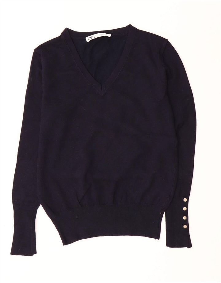 ZARA Womens Crop V-Neck Jumper Sweater UK 12 Medium Navy Blue