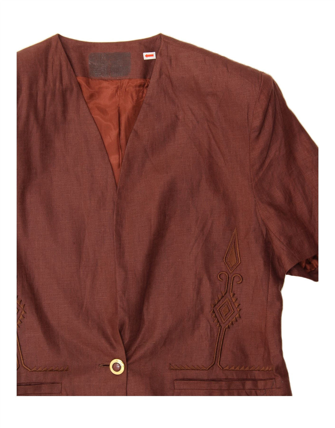 VINTAGE Womens Short Sleeve 1 Button Blazer Jacket UK 16 Large Brown Linen Vintage Vintage and Second-Hand Vintage from Messina Hembry 