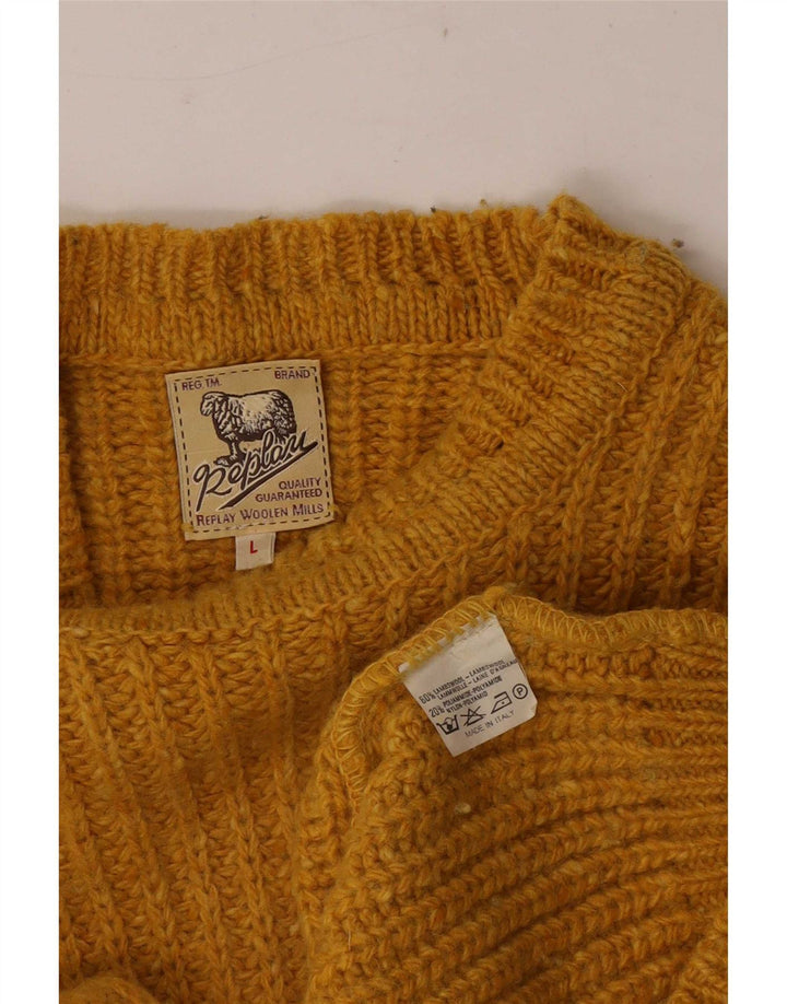 Replay Mens Crew Neck Jumper Sweater Large Yellow Lambswool
