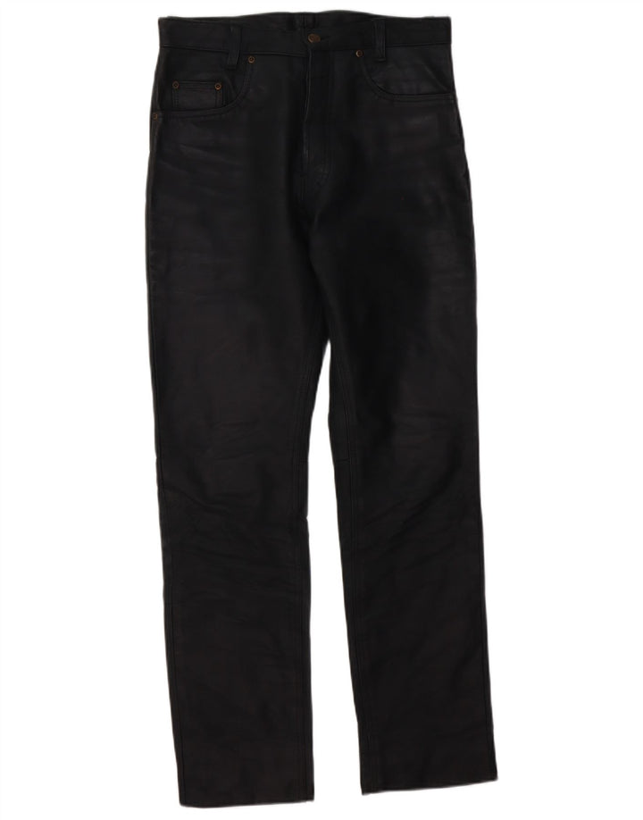 Vintage Mens Straight Leather Trousers W30 L30 Black