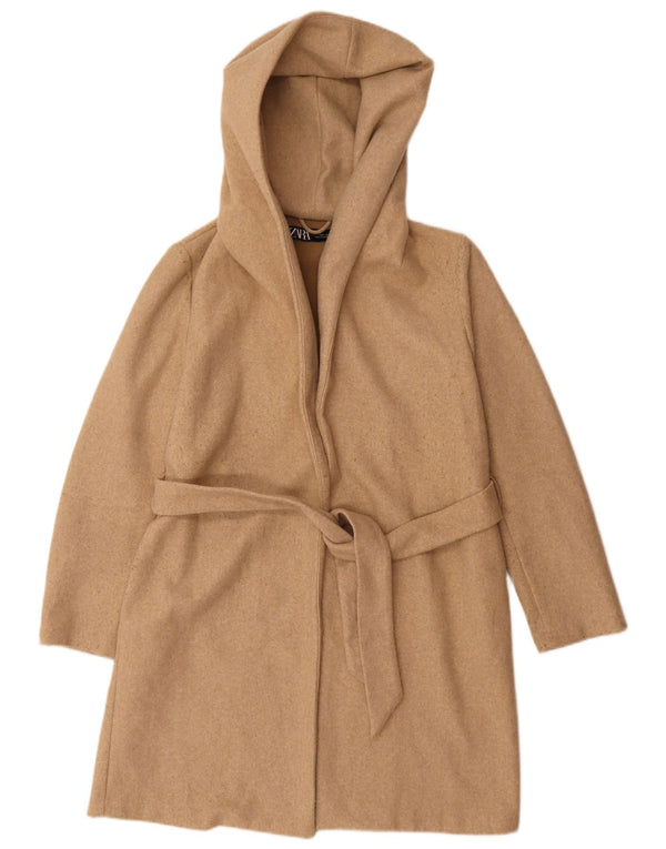Zara Womens Hooded Oversized Overcoat UK 10 Small Beige Polyester