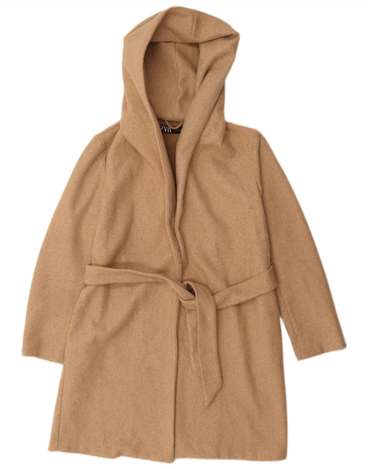 Zara Womens Hooded Oversized Overcoat UK 10 Small Beige Polyester