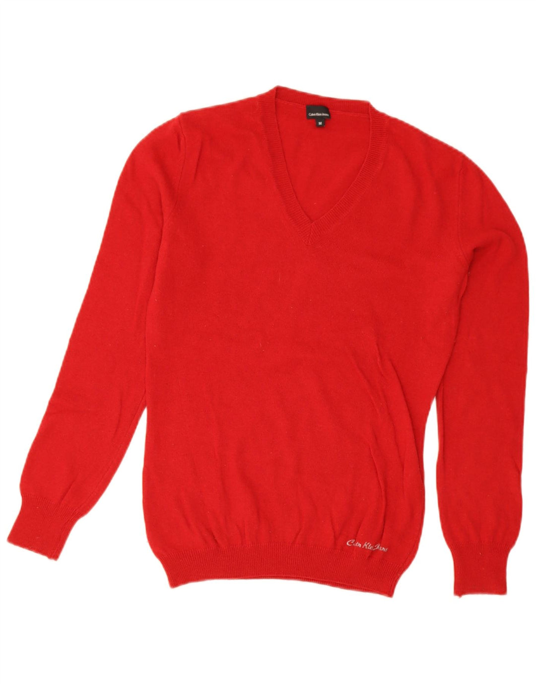 Calvin Klein Jeans Womens V-Neck Jumper Sweater UK 12 Medium Red Wool