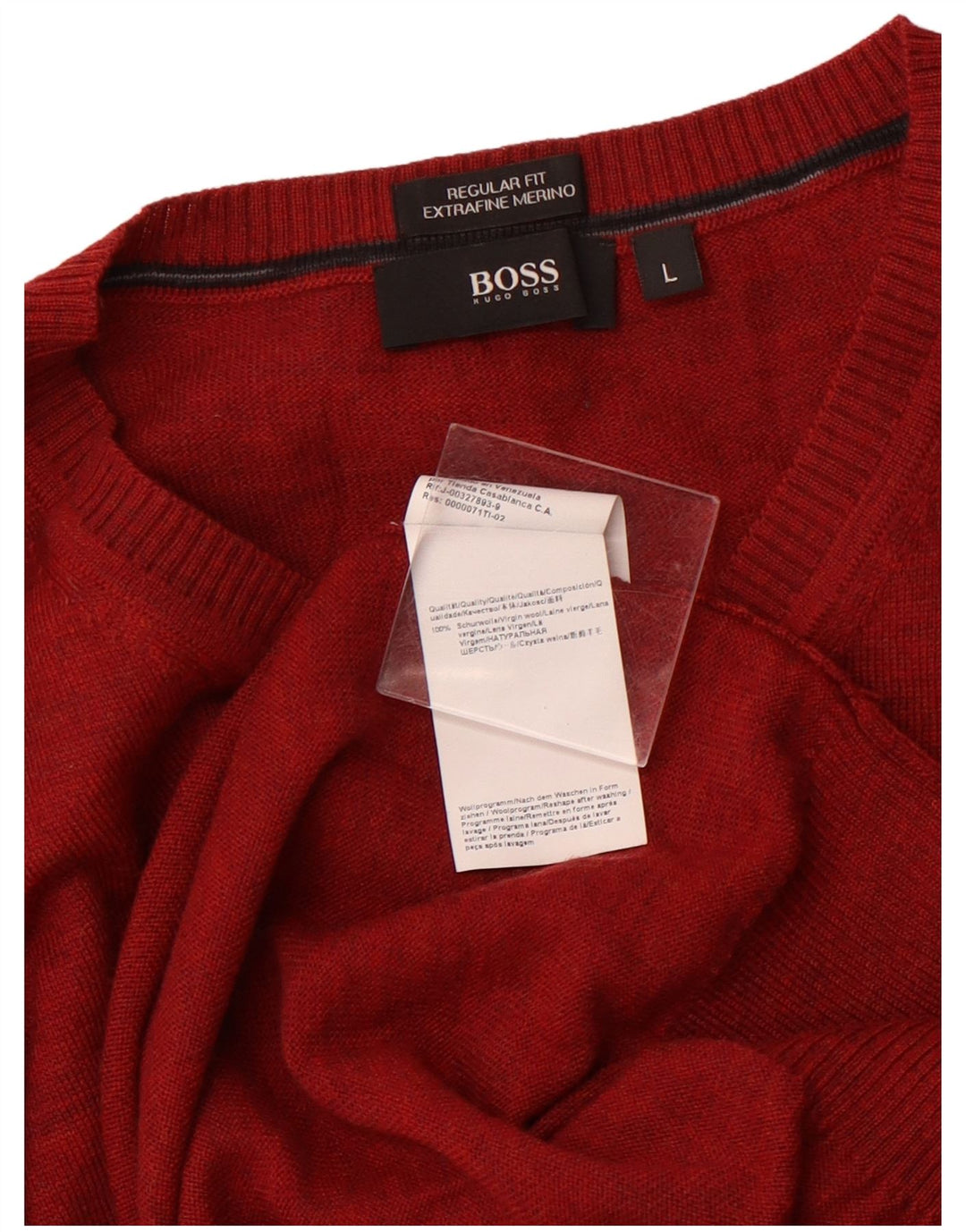 HUGO BOSS Mens Regular Fit V-Neck Jumper Sweater Large Red Virgin Wool