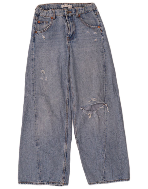 Zara Girls Distressed Wide Leg Jeans 13-14 Years W26 L27 Blue Cotton