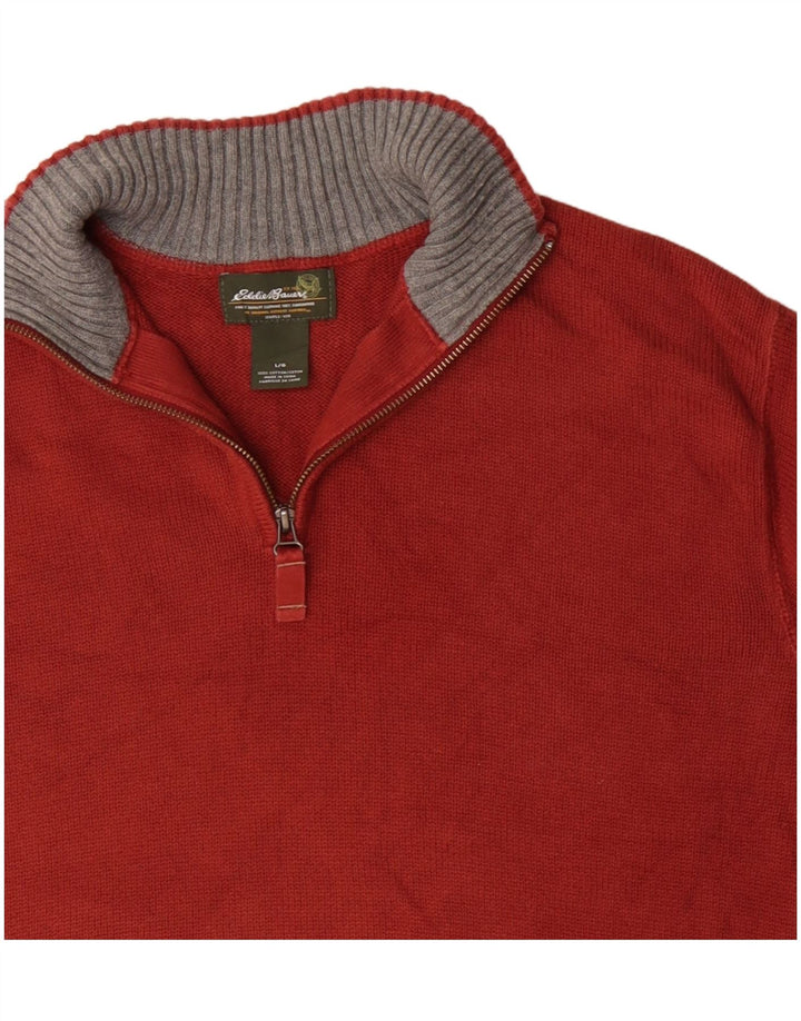 EDDIE BAUER Mens Zip Neck Jumper Sweater Large Red Cotton