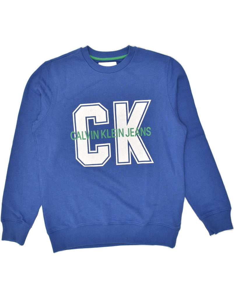 CALVIN KLEIN Mens Graphic Sweatshirt Jumper Medium Blue Cotton | Vintage Calvin Klein | Thrift | Second-Hand Calvin Klein | Used Clothing | Messina Hembry 