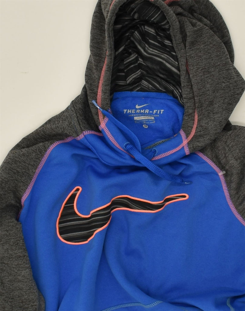 NIKE Womens Therma-Fit Hoodie Jumper UK 14 Medium Blue Polyester | Vintage Nike | Thrift | Second-Hand Nike | Used Clothing | Messina Hembry 