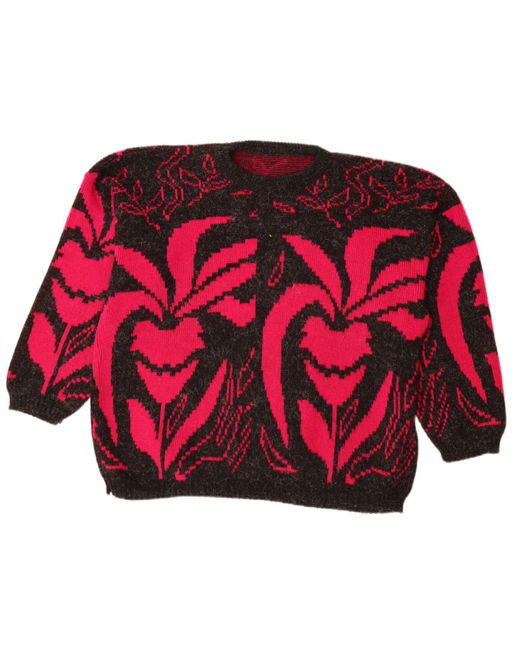 VINTAGE Womens Boat Neck Jumper Sweater UK 20 2XL Black Floral Acrylic