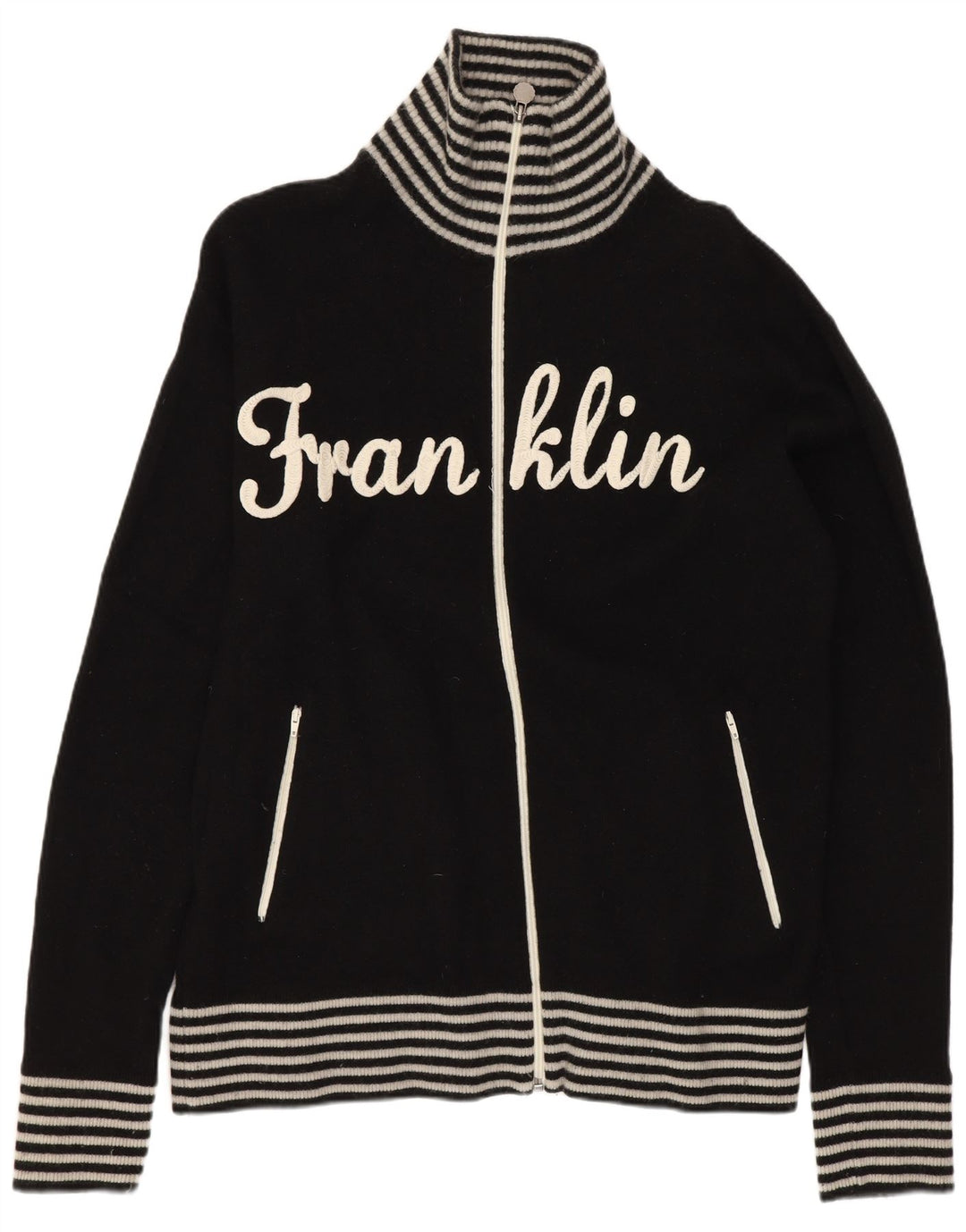 Franklin & Marshall Mens Graphic Cardigan Sweater Large Black Striped Wool